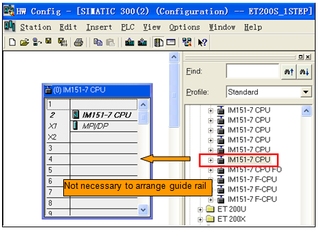 3. 硬件配置步进模板可以安装在ET 200S接口模板或者 ET200S CPU后面。本文使用 IM151-7 CPU 为例。表 1: 软件和硬件配置图. 3: ET200S 站的配置图4. 硬件和参数设置4.1 硬件配置1) 根据图. 2 和图. 3完成ET200S的接线2) 打开STEP7，创建一个新项目，并插入一个S7-300站3) 从硬件目录中选择IM151-7 CPU直接拖拽到站配置窗口图. 4: 插入IM151-7 CPU4) 依次在4槽和5槽插入电源模板 PM-E DC24 和步进模块图. 5: 硬件配置4.2 模板参数配置图. 6: 步进模块参数接口4.2.1 模板参数说明1) 组诊断：组诊断2) 基准频率：基准频率，以Hz为单位，标识Fb3) 增益 n: 增益系数 n，值范围 1-255. 此增益系数决定启动/停止频率 Fss，并且计算公式为： Fss=Fb×n4) 时间 i: 时间系数 i, 值范围 1-255. 该时间系数以Hz/ms决定加速和减速，计算公式为: a = Fb ×R / (i×0.128 ms)5)功能 DI: 数字量输入DI 功能可选，可以被组态为外部脉冲输入或者外部停止信号，缺省是外部脉冲且已使能。6) 外部 Stop, 限位 Stop: 外部 stop, 信号类型停止开关. 接触器触点是常闭信号，以确保该接触器信号，缺省是读取常闭信号。4.2.2 本文所例参数设置如下本例参数配置见图. 6.1) 没有激活组诊断2) 基准频率 4Hz3) 乘法系数 1, 启动/停止频率 4Hz4) 时间系数 1, 加速/ 减速 31.25 Hz/ms5) 使能外部输入脉冲6) 外部输入停止和限位信号为常闭类型5. 编程5.1 模板输入/输出地址分配与其它ET200S功能块类似，1STEP步进模板也通过直接读写I/O地址来对模板进行控制和访问的。反馈信号 (输入), 占用 8 字节. 如表 2 输入地址分配所示。控制信号 (输出), 占用 8 字节. 如表 3 输出地址分配所示。有关输入和输出变量分配的详细信息请参阅 ET200S 位置控制和操作手册。链接如下:/cs/document/9260790?caller=view&lc=en-WW表 2: 输入地址分配表 3: 输出地址分配